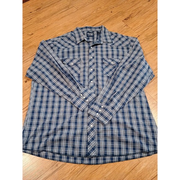 Wrangler Other - Wrangler Western Shirt Mens 3X Tall Pearl Snap Button Blue Plaid Long Sleeve